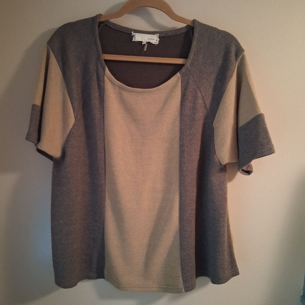A'Reve Gray and Tan Colorblock Acrylic Knit Short Sleeve Top